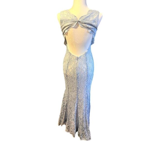 Morgan & CO. Blue V-Neck Glitter Lace Open Back Dress Size 7 NWOT - Picture 8 of 9